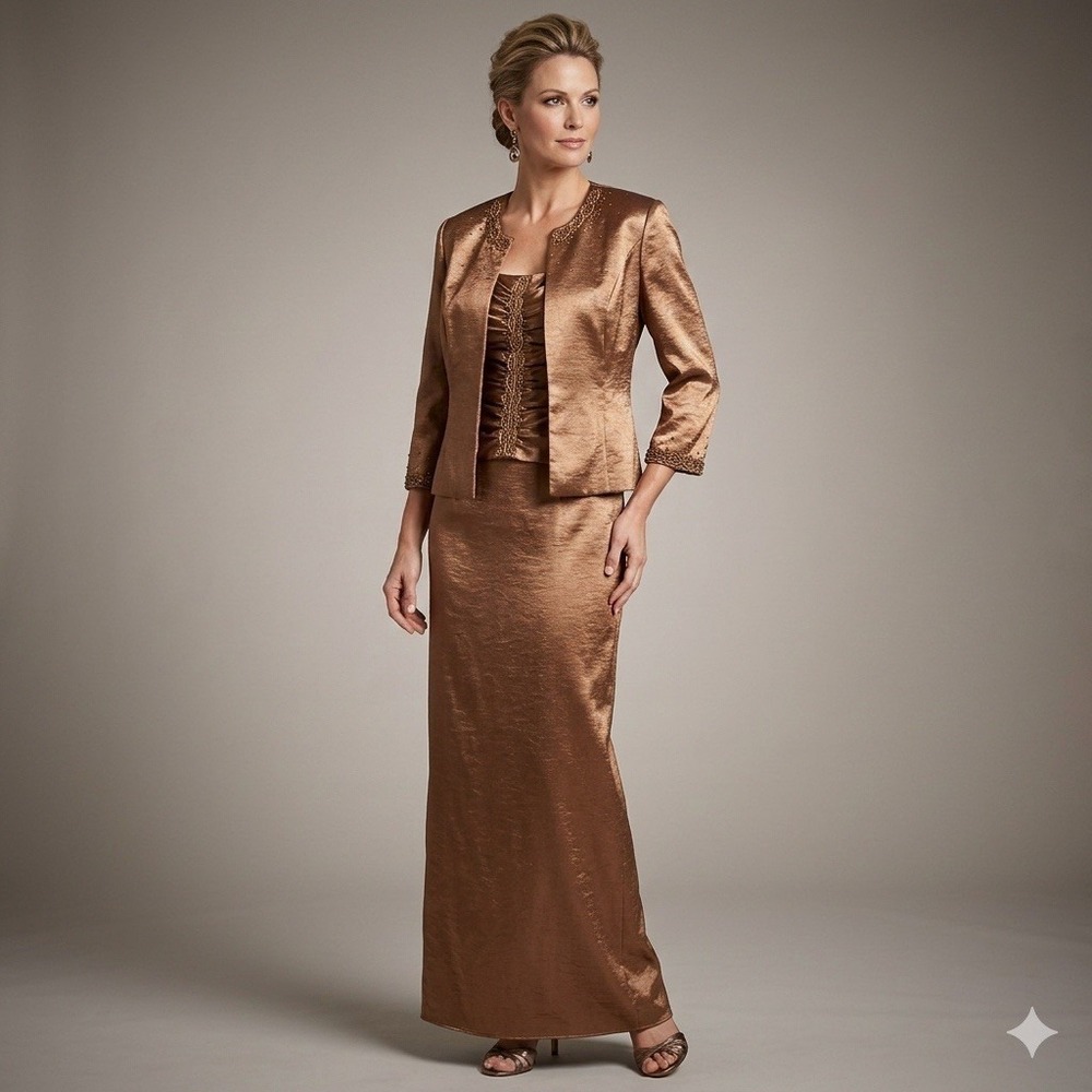 Karen Miller New York 2-Pc‎ Dress Set Size 12 Bronze Metallic Beaded Maxi Jacket